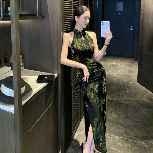 新中式国风日常可穿提花显瘦修身无袖旗袍绿色竹叶黑色开叉连衣裙