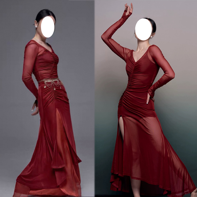 异域红色长袖V领爵士舞服