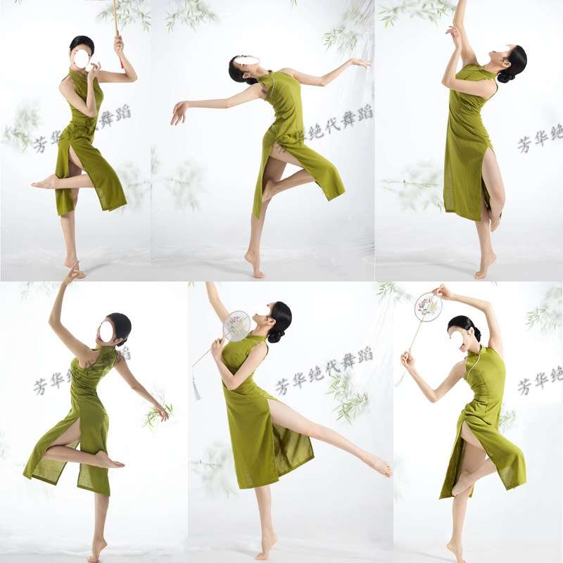 削肩无袖民族风长裙绿色改良旗袍