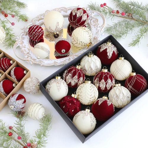 圣诞树节装饰品植绒高级感圣诞彩绘酒红球8cm6厘米小挂件场景布置