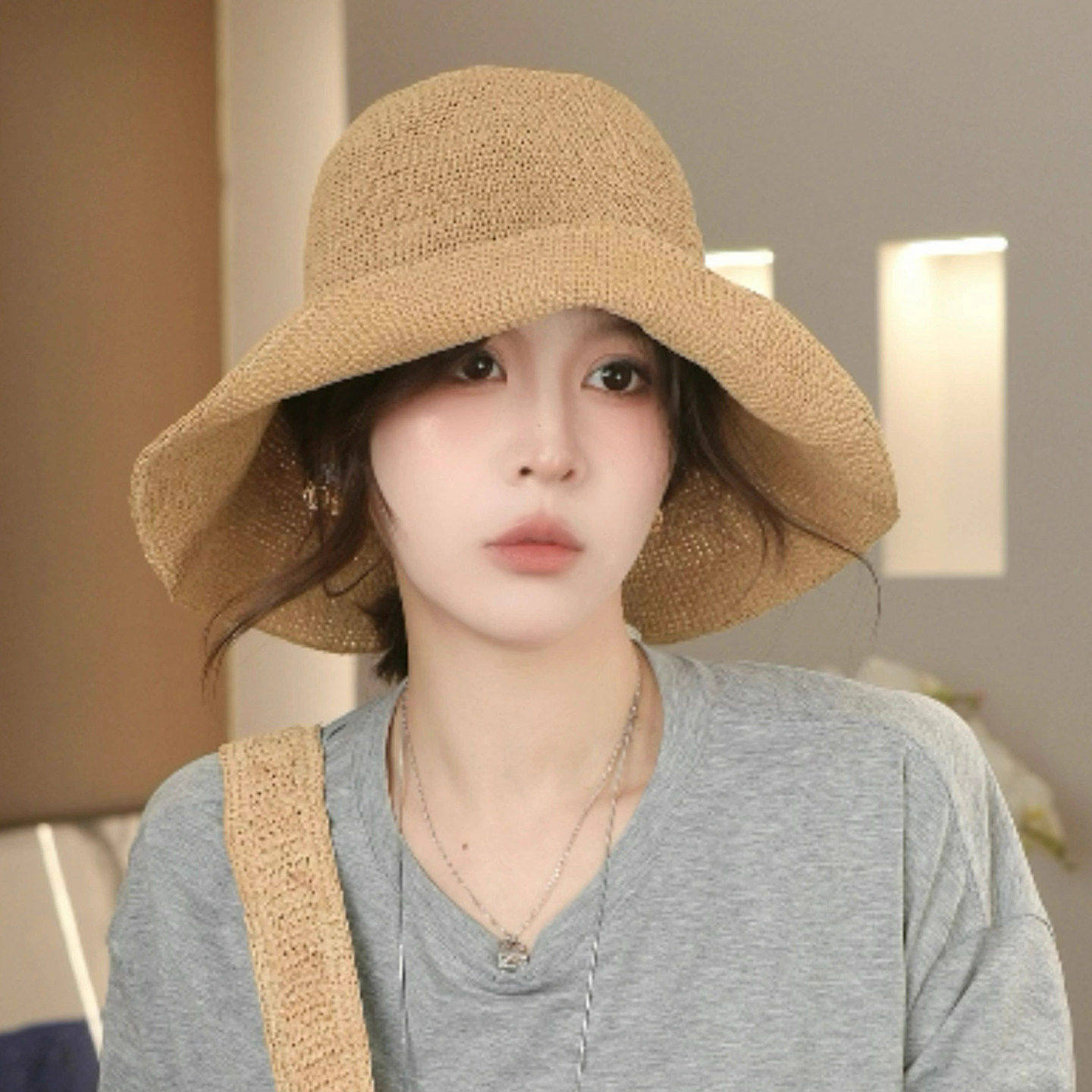 手工细钩针草帽子女夏季可折叠大檐显脸小渔夫帽出游度假遮阳帽潮