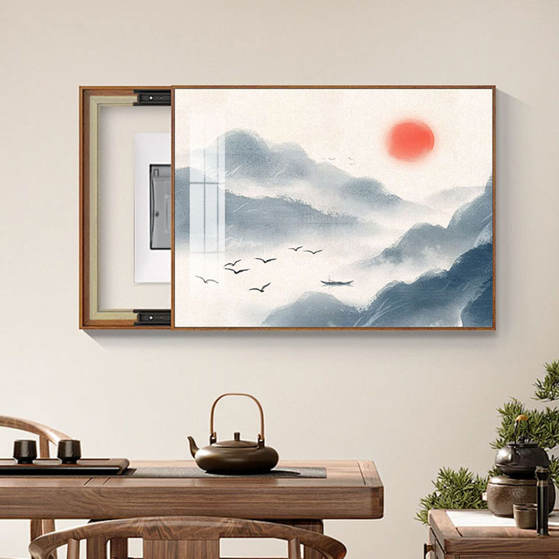 电表箱装饰画中式免打孔山水画餐厅客厅电闸盒多媒体箱遮挡墙壁画