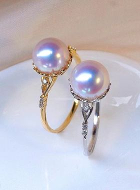 925银日本akoya海水珍珠戒指指环正圆天女级手饰 送妈妈的礼物