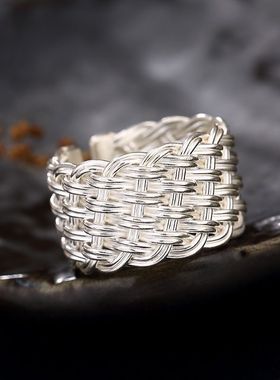 八宝银匠S925纯银泰国清迈手工编织夸张个性百搭开口女士戒指指环