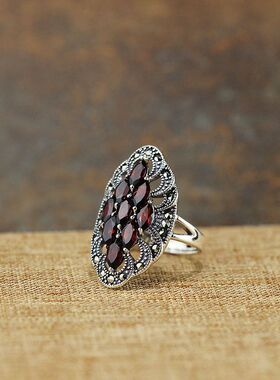 仿古菱形长款石榴石S925纯银泰银工艺女绿锆石食指戒指吊坠女泰国