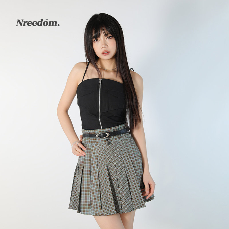 Nreedom长袖格子衬衫外套加吊带背心女2024春季新短款上衣两件套