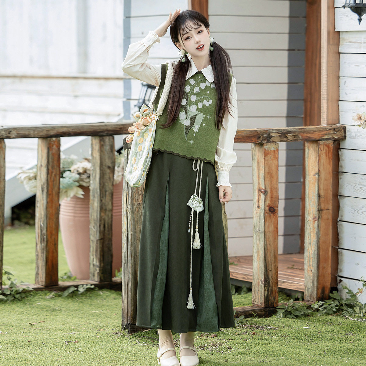 倚梦阁原创铃兰之森汉服女国风汉元素新中式衬衣马甲长裙套装9407,女装/女士精品,汉服套装,淘宝优惠券,粉丝福利购,淘宝优惠卷