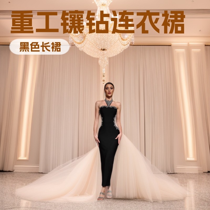 2025新款重工镶钻挂脖修身绷带连衣裙开叉性感名媛晚宴连衣裙礼服