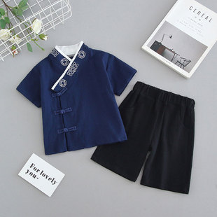 男童汉服套装夏装儿童薄款短袖两件套女童棉麻中国风唐装表演服潮