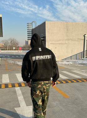 Commas原创国潮水洗复古做旧卫衣男喷马骝标语美式高街重磅帽衫男