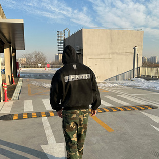 Commas原创国潮水洗复古做旧卫衣男喷马骝标语美式 男 高街重磅帽衫