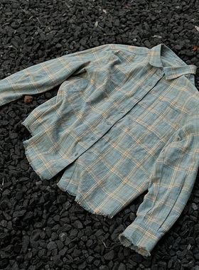 Commas定制蓝黄格纹法兰绒流苏复古长袖格子衬衫休闲纯棉宽松男女