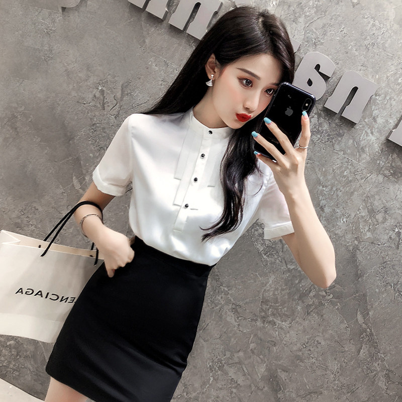 衬衫短袖缎面法式别致小衫2022新款女装白色女衬衣美容师工作服女