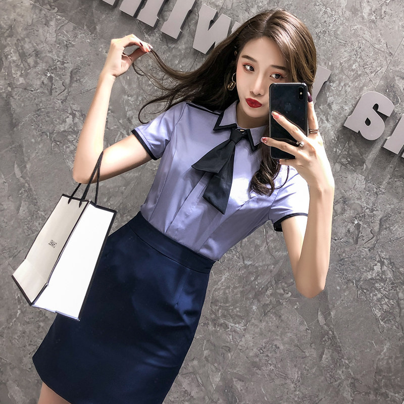 港风衬衫女方领上衣气质女神范衬衣夏职业套装套裙工作服正装工装