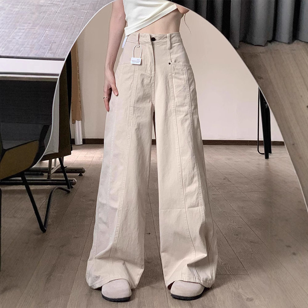 美式高腰米杏色工装直筒休闲裤女大码胖mm宽松显瘦垂感拖地阔腿裤