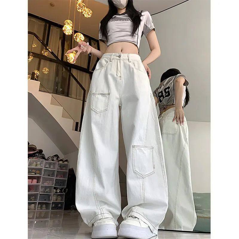 美式复古明线解构白色弯刀牛仔裤女街头垂感高腰显瘦宽松阔腿长裤