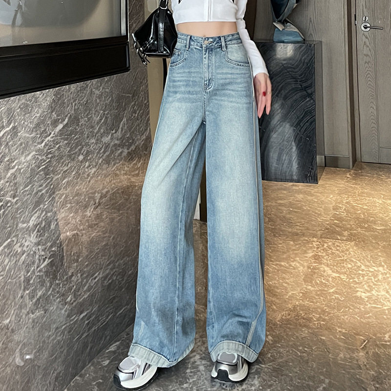 浅色高腰阔腿牛仔裤女春季2026年新款气质百搭宽松显瘦直筒裤子