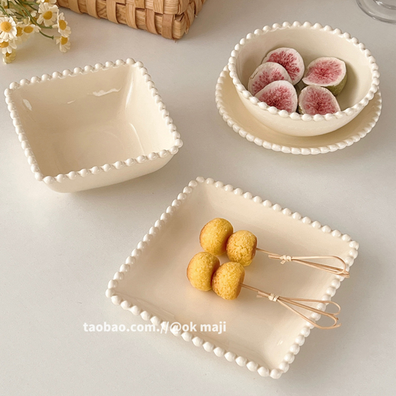 高颜值珠边陶瓷早餐盘甜品碗