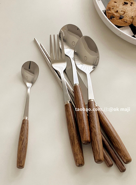ok maji韩国ins风木柄刀叉西餐叉勺不锈钢餐具甜品蛋糕勺子叉子