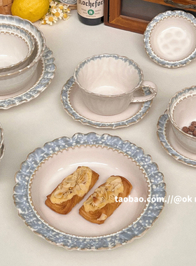 ok maji韩国ins风烟蓝系列碗碟餐具套装高级感花边甜品盘意面餐盘
