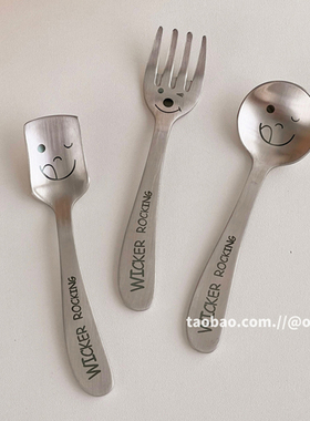 ok maji韩国ins笑脸304不锈钢叉子勺子喝汤匙羹甜品蛋糕水果叉