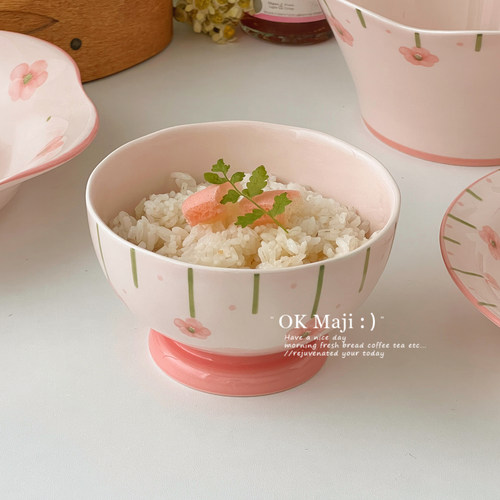 漂亮的陶瓷饭碗家用吃饭碗釉下彩餐具高颜值燕麦酸奶碗高脚水果碗