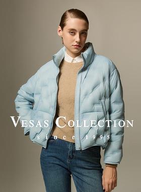 Vesas Collection新款时尚保暖绗缝轻薄宽松短款蓝色羽绒服N0217