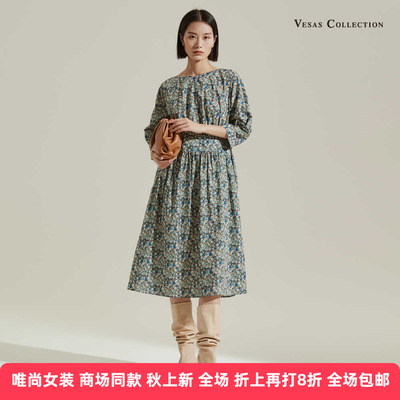 棉花朵法式复古连衣裙