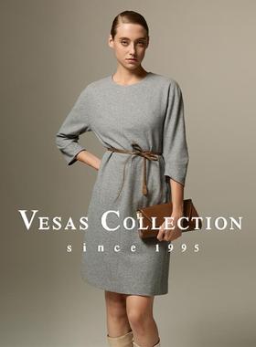Vesas Collection2024冬季新款时尚修身宽松露灰色连衣裙D1430