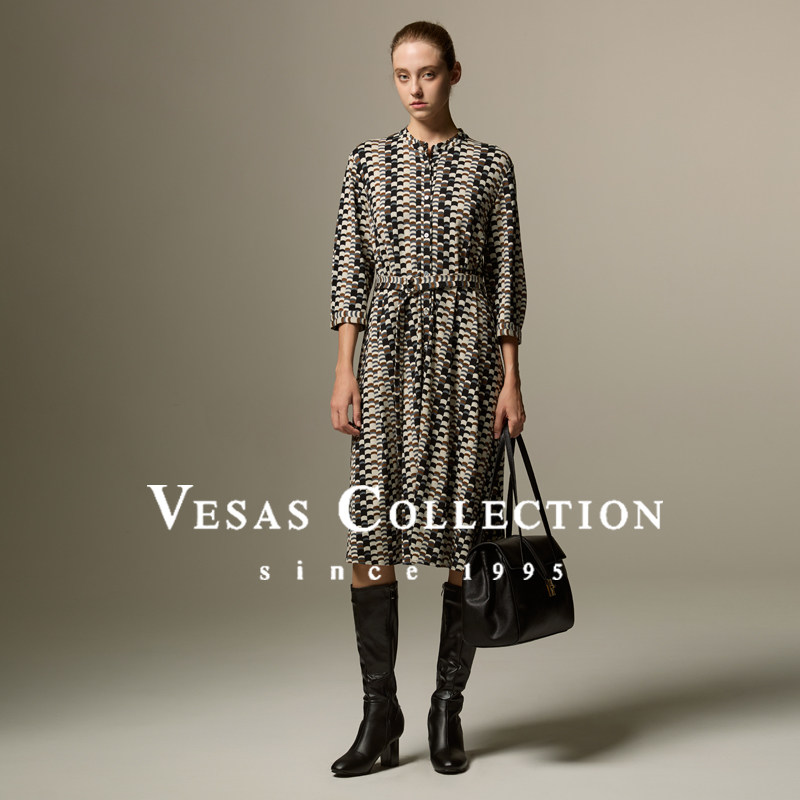 通勤百褶裙粘纤花色圆领优雅