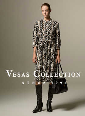 Vesas Collection D1342 复古连衣裙圆领长袖收腰连衣裙