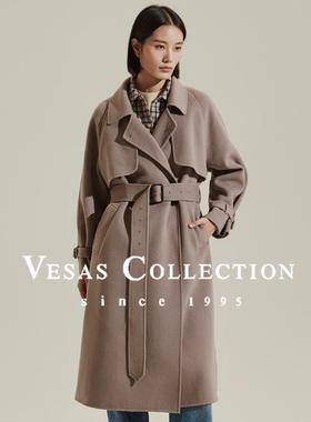 Vesas Collection C1358驼灰色双卡夫长款绵羊毛大衣