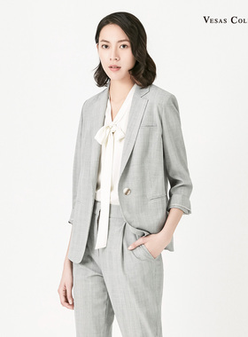 唯尚女装专柜高智感灰色v字翻领气质淡人通勤2025年夏季新款上衣