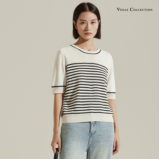 上衣宽松针织衫 日常有型蓝白拼色条纹圆领短袖 专柜毛衫 唯尚女装