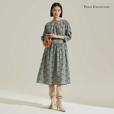 棉花朵法式复古连衣裙