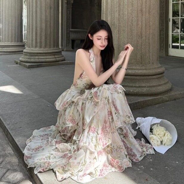 法式海边度假风印花挂脖