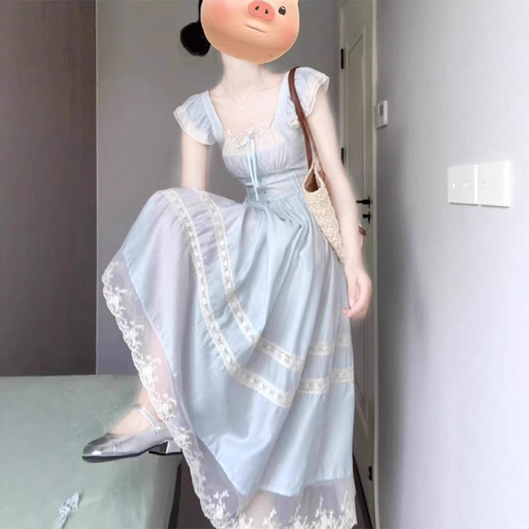 法式甜美奶蓝色连衣裙女