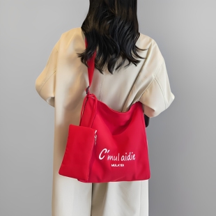 红色帆布包袋女夏2025新款大容量托特包轻便通勤单肩斜挎包带拉链