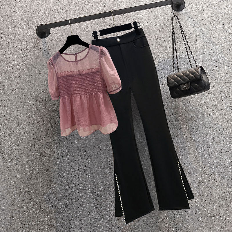 2022년 신작 여름 한국식 패셔너블한 여성용 반팔 시폰 셔츠 패셔너블한 연령 감소 부츠컷 팬츠 여성용 투피스 수트 트렌디
