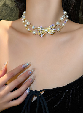 欧美复古宫廷风设计双层珍珠镶钻项链网红轻奢时尚优雅气质颈链女