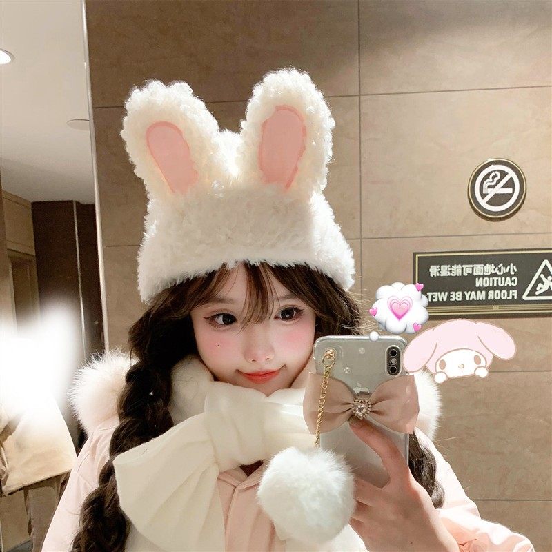 兔耳朵帽子加厚保暖可爱毛绒针织帽外出防寒护耳显脸小新款雷锋帽