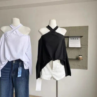 设计感挂脖T恤百搭230纯棉早秋长袖 上衣克双纱宽松露肩交叉韩版