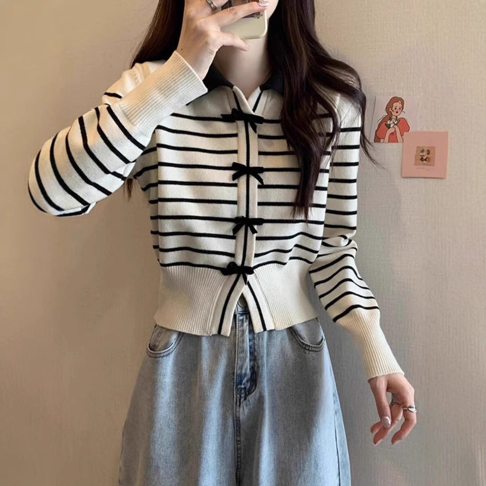 polo翻领条纹针织开衫薄