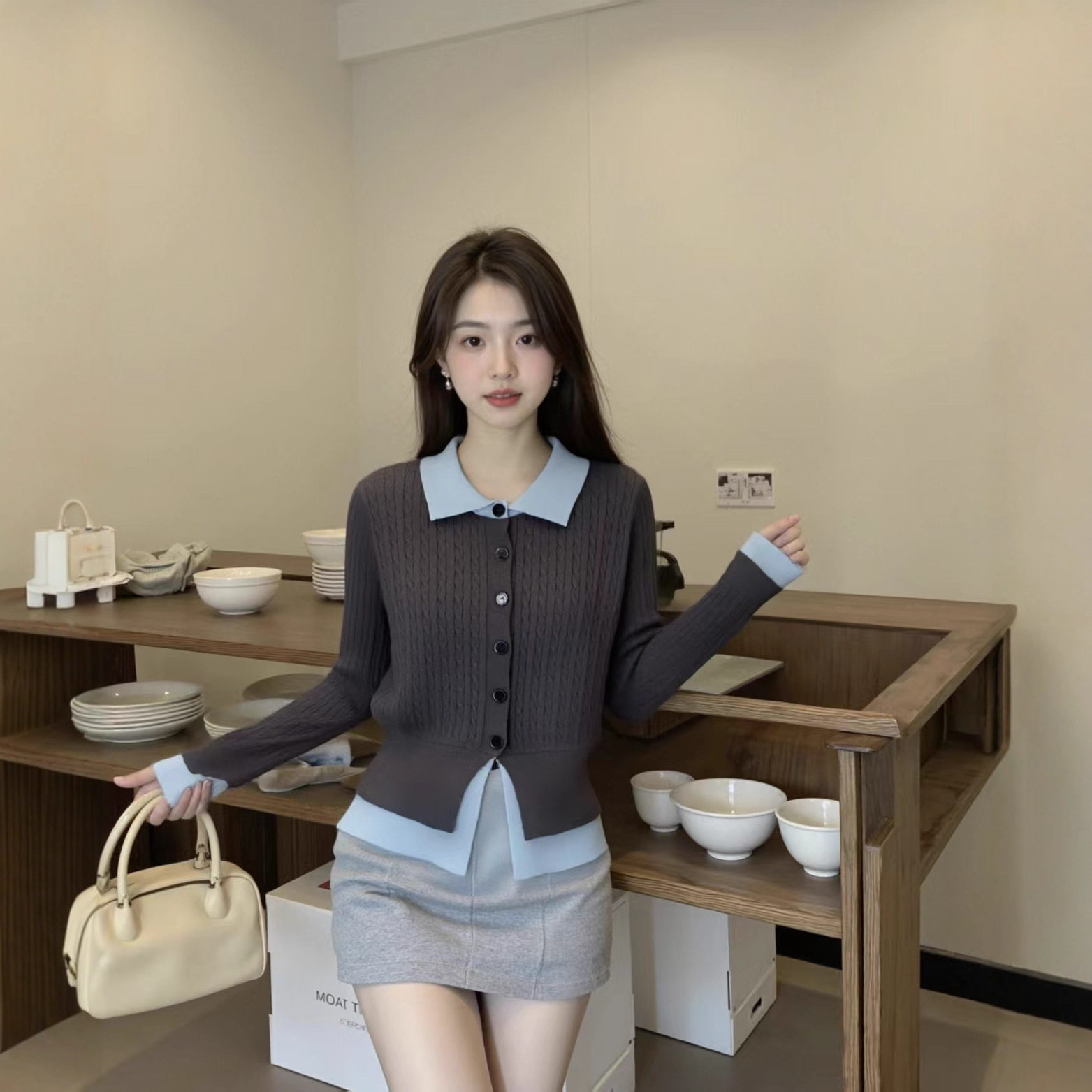 春秋拼接假两件撞色洋气P