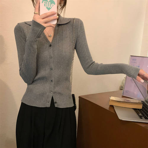 法式polo翻领长袖针织开