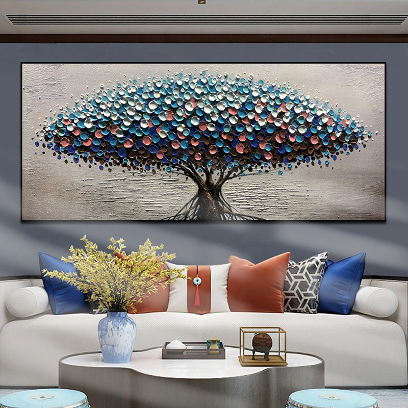 客厅轻奢手绘油画抽象手工沙发背景墙床头餐厅装饰挂画立体发财树图片