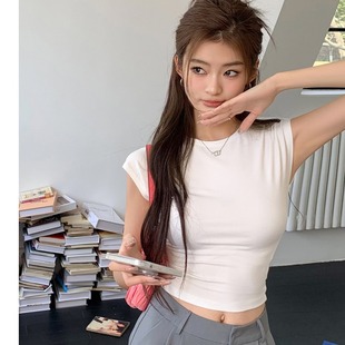 上衣 2025夏装 新款 好身材显瘦高腰辣妹纯色圆领t恤女修身 短袖