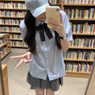 女 夏季 薄款 韩系设计感褶皱小个子甜美衬衣学院风蓝色宽松短袖 衬衫