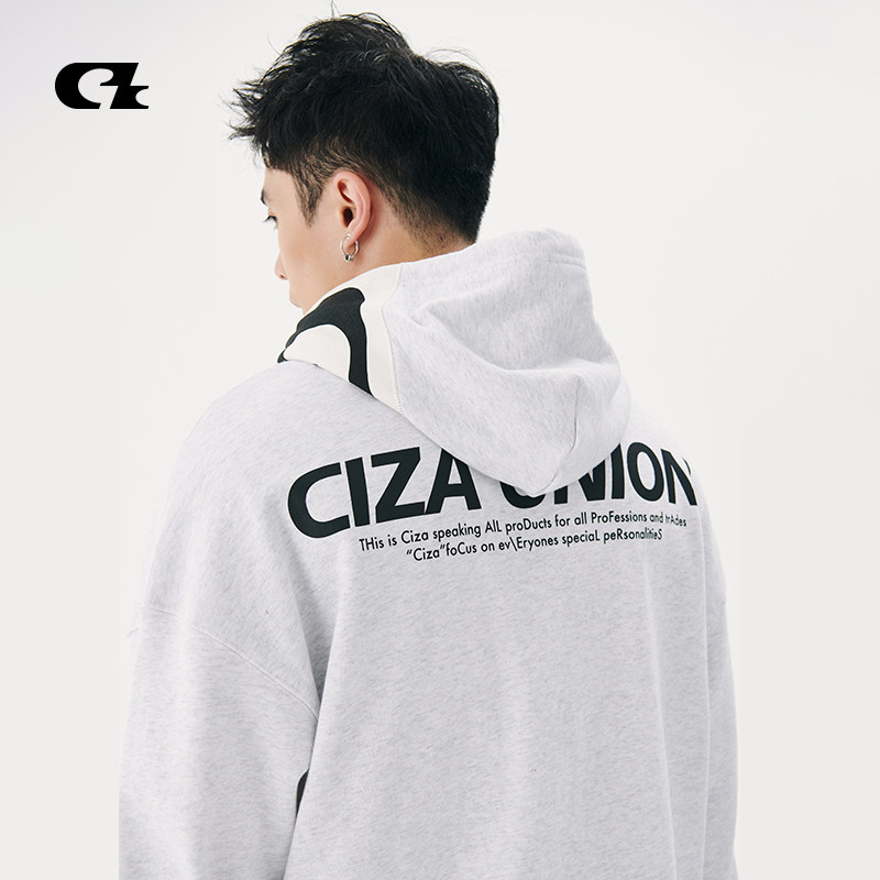 ciza国潮牌春秋季卫衣男女生中性风情侣纯棉印花宽松套头连帽外套