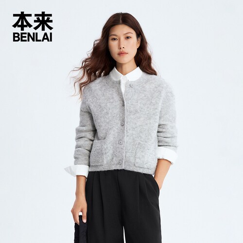 本来BENLAI女士羊毛混纺短款针织开衫圆领外套秋季新款BNM950009